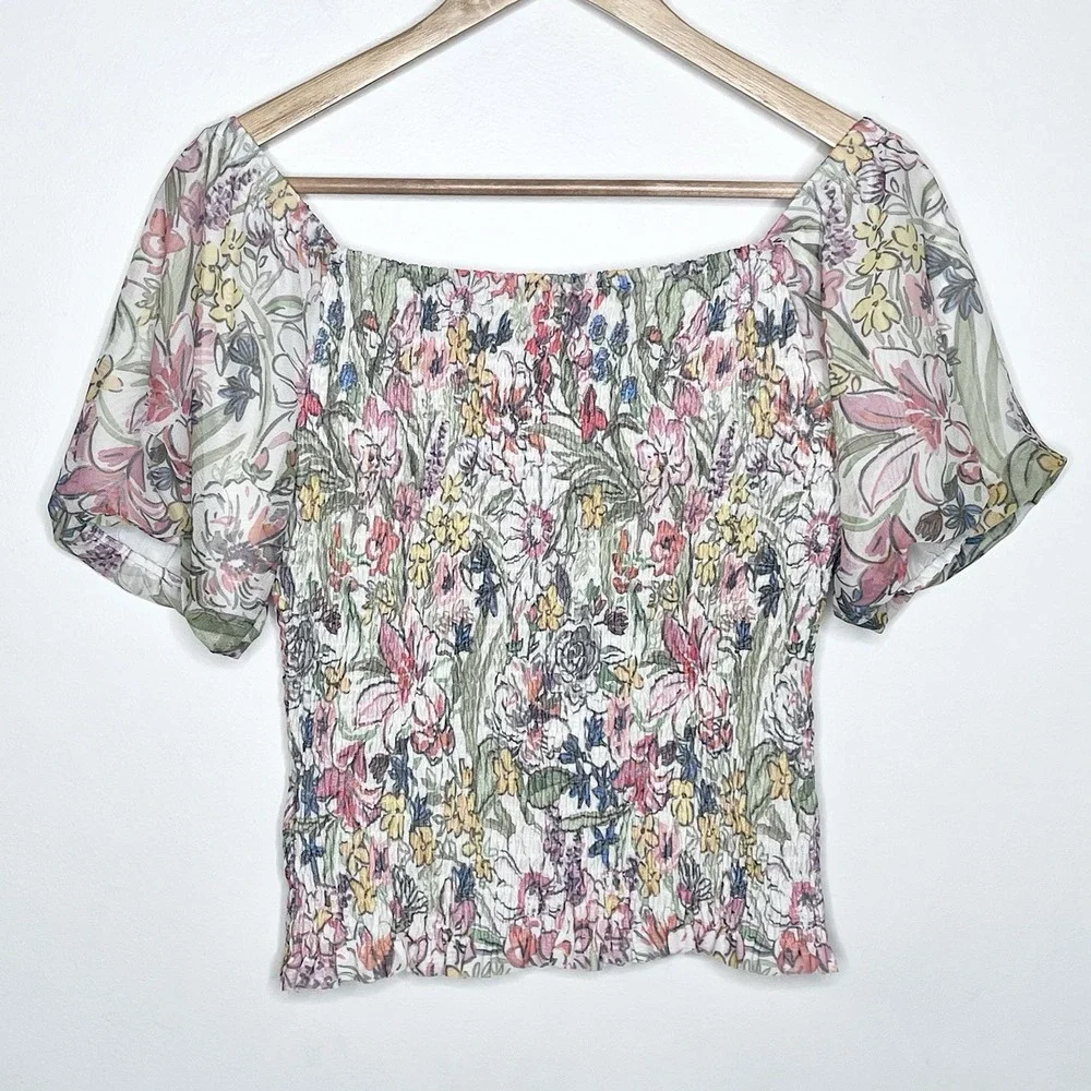 Anthropologie Smocked Mesh Floral Top Womens Small Cottage Spring Short Sleeve